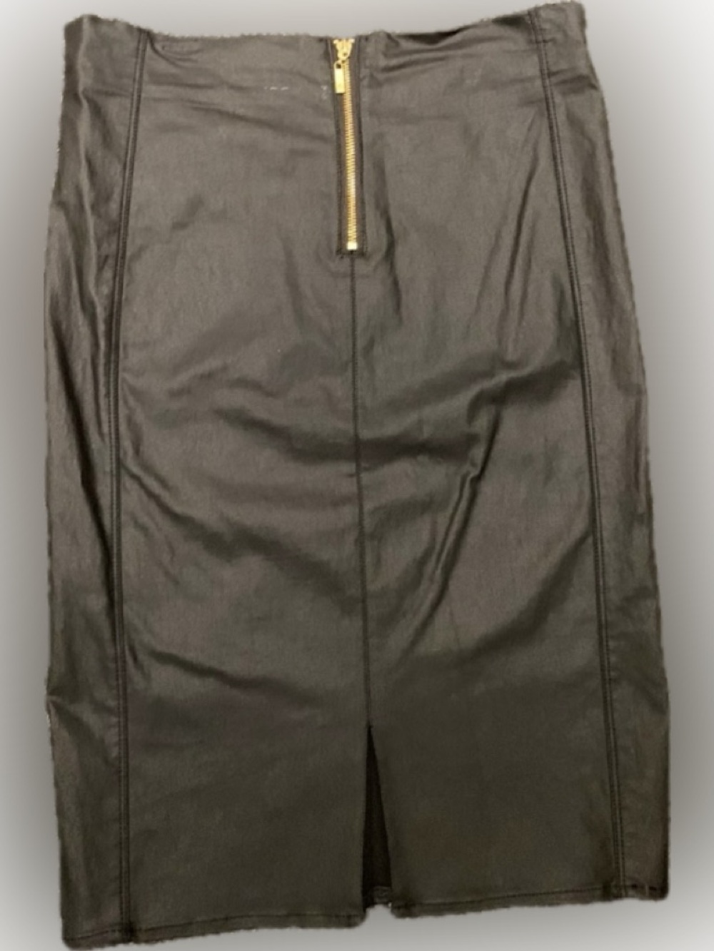 GUESS Black Vegan Leather Pencil Skirt Gold Logo Waist Bodycon Size L - Picture 7 of 7